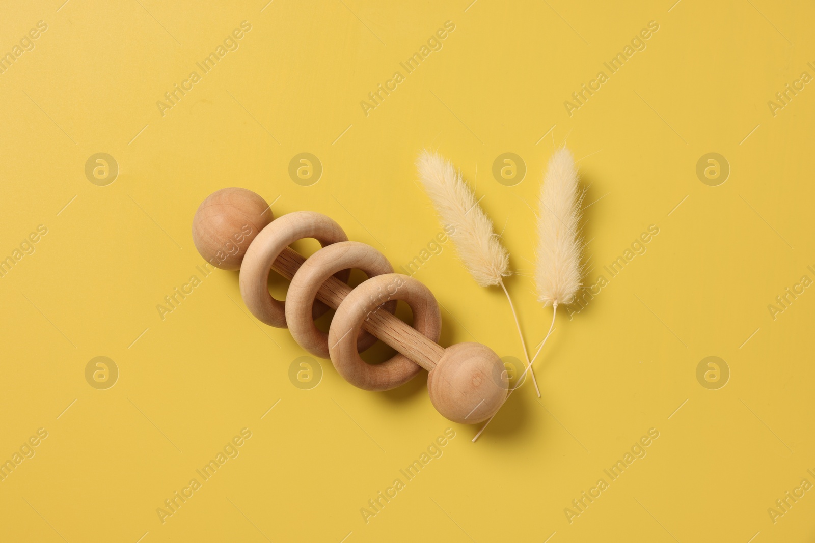 Photo of Baby accessory. Wooden rattle and dry spikes on yellow background, top view