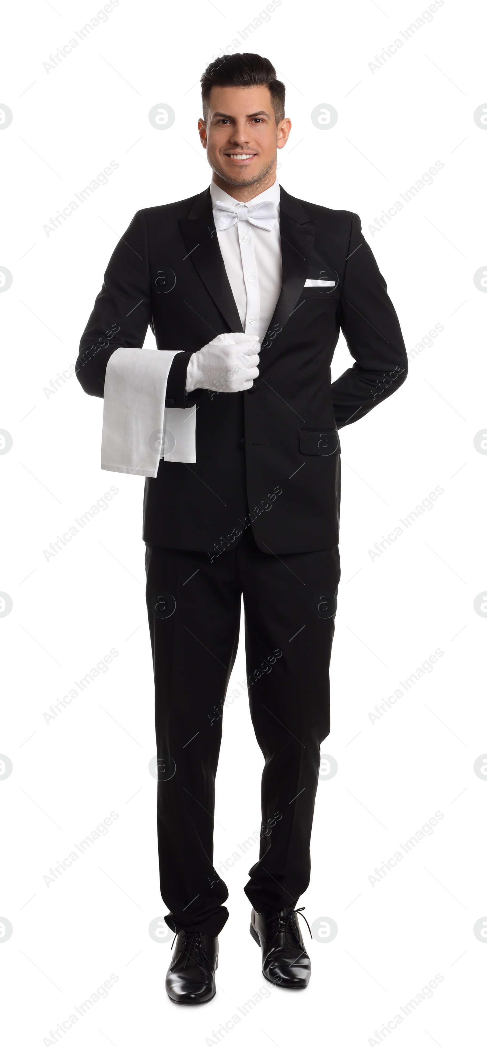 Photo of Handsome butler with towel on white background