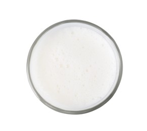 Photo of Glass of fresh milk isolated on white, top view