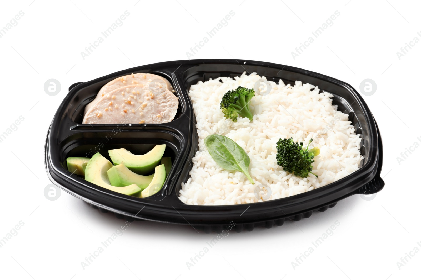 Photo of Container with natural protein food on white background