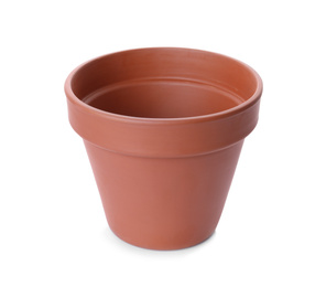 Stylish terracotta flower pot isolated on white