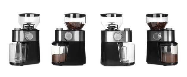 Image of Set with modern electric coffee grinders on white background. Banner design 