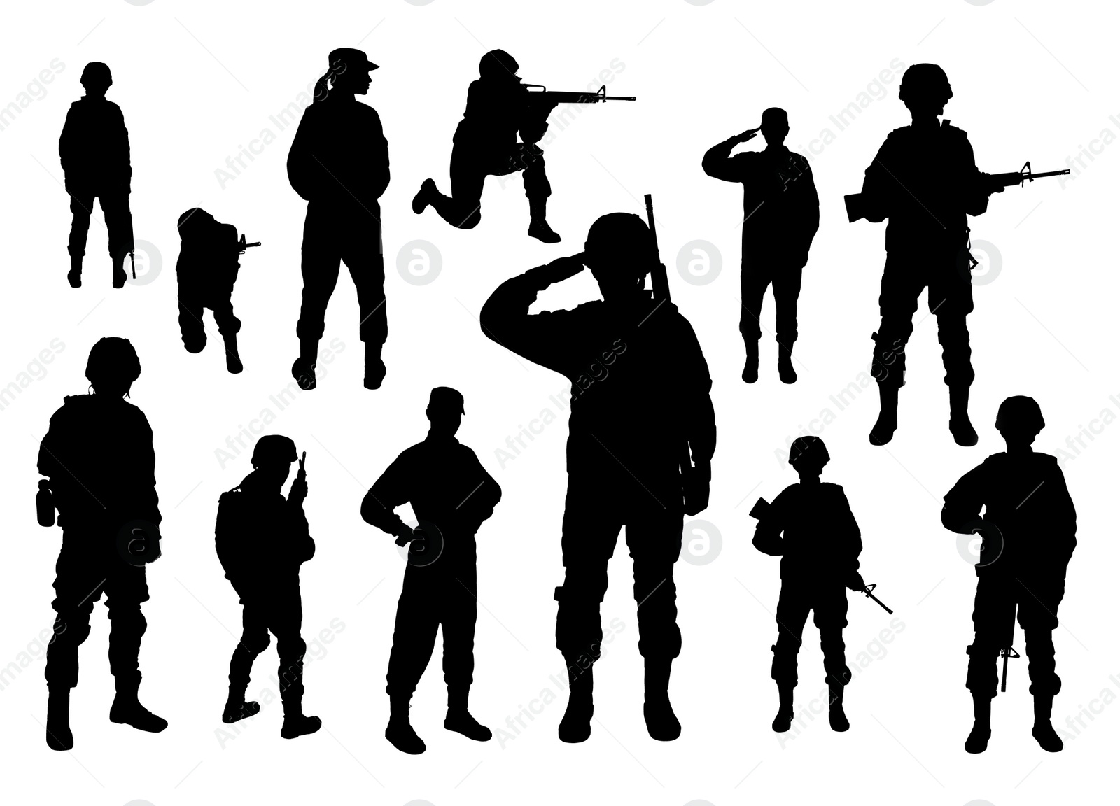 Image of Collage with silhouettes of soldiers on white background. Military service