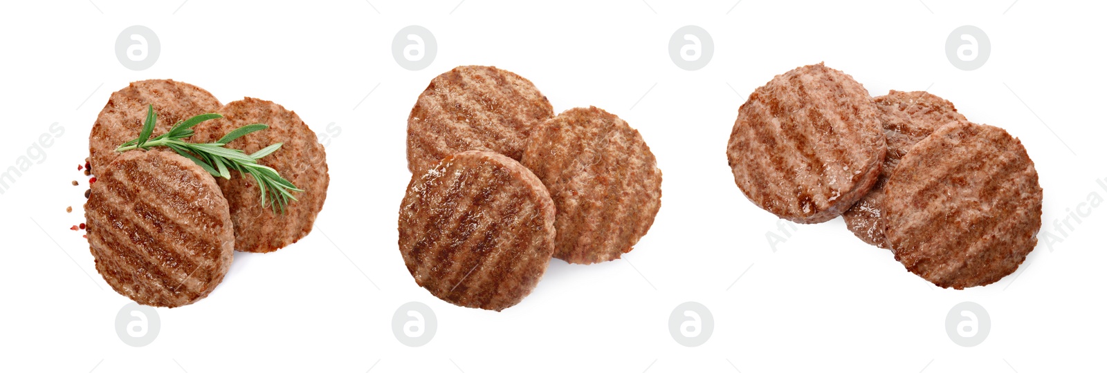 Image of Set with tasty grilled hamburger patties on white background. Banner design