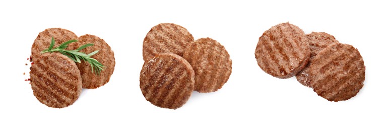 Image of Set with tasty grilled hamburger patties on white background. Banner design