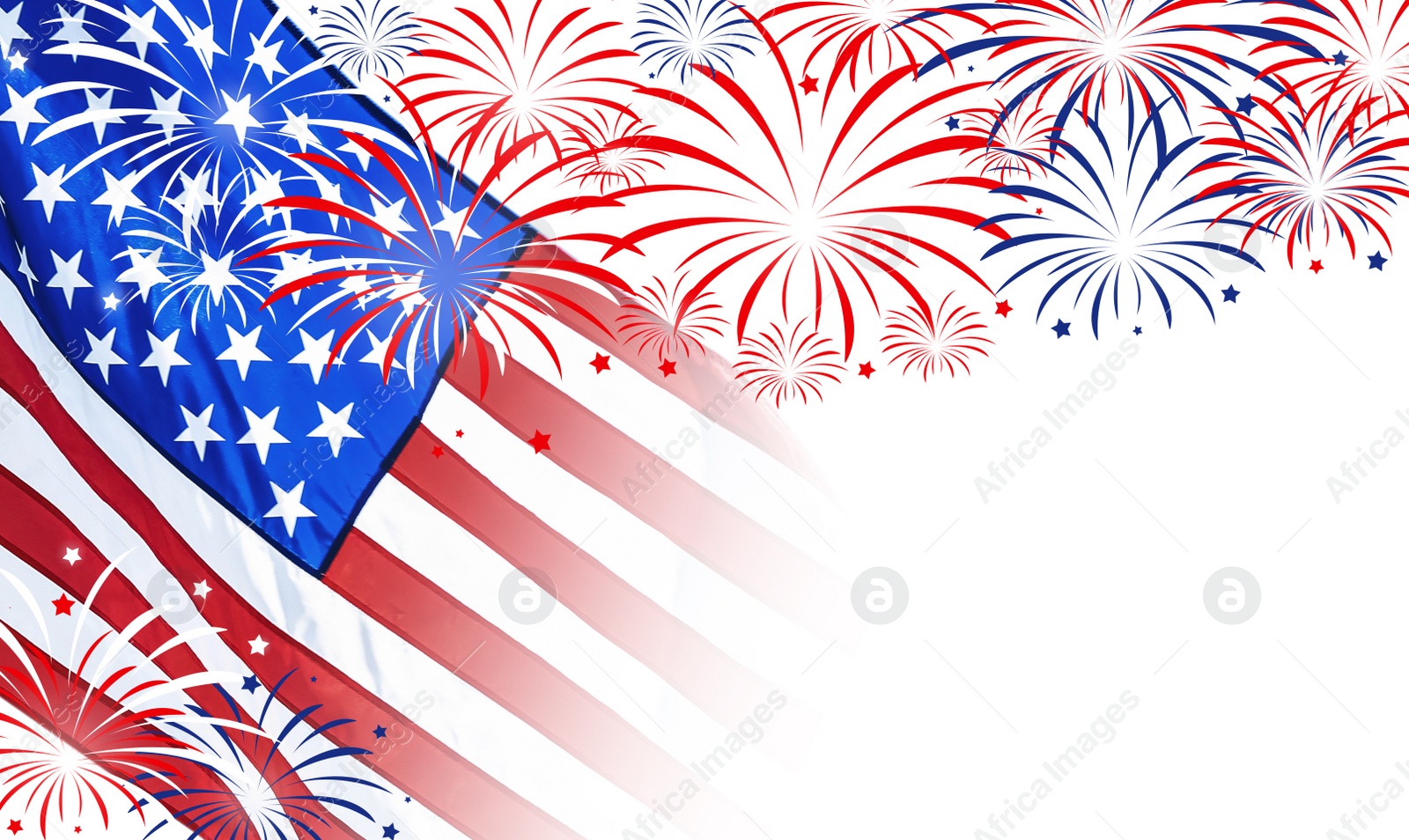 Image of 4th of july - Independence Day of USA. American national flag and fireworks on white background, space for design