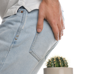 Man sitting down on cactus against white background, closeup. Hemorrhoid concept