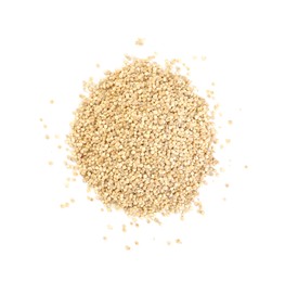 Pile of quinoa on white background, top view