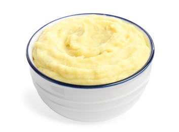 Photo of Bowl of tasty mashed potatoes isolated on white