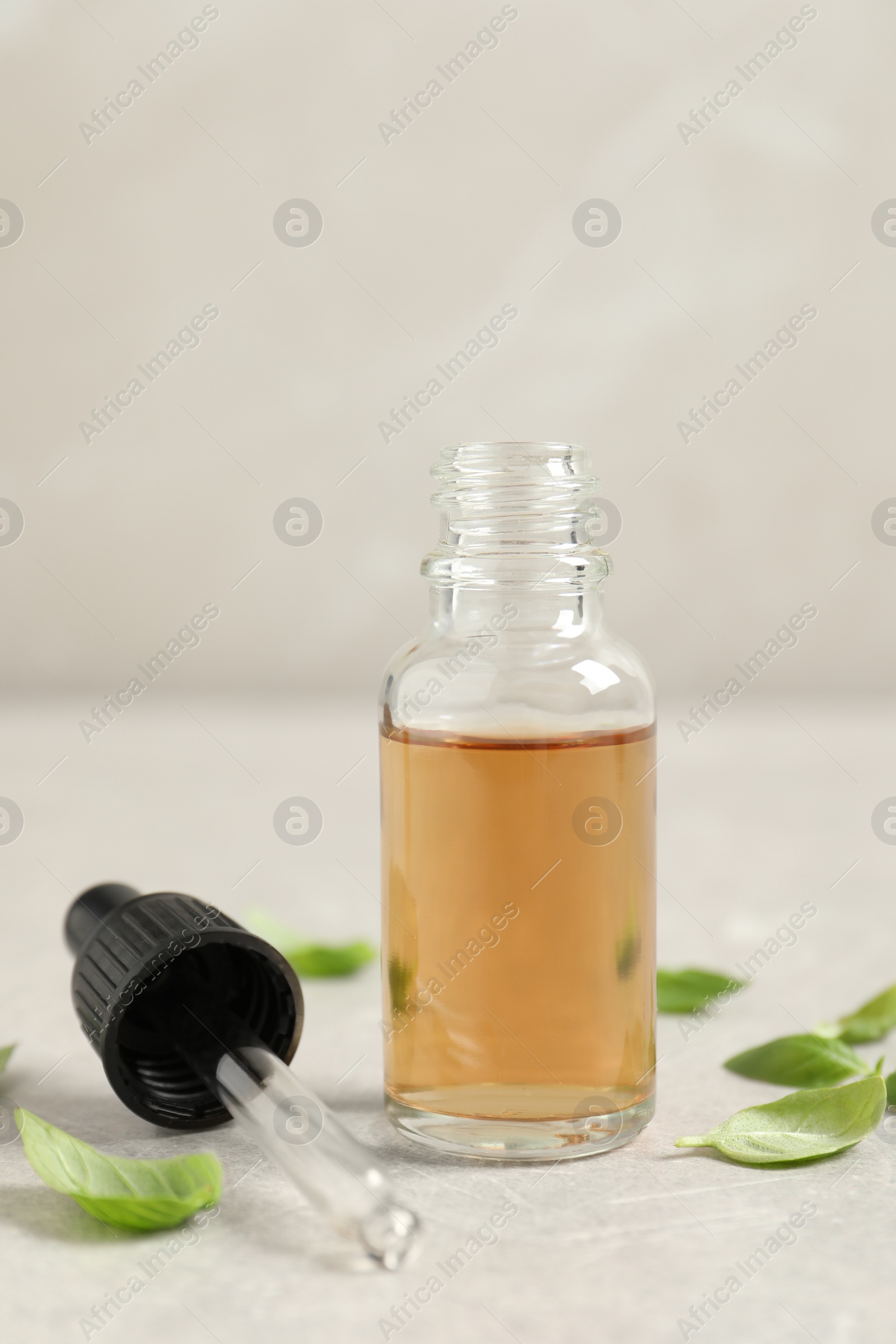 Photo of Bottle of essential basil oil and fresh leaves on light grey table