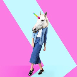 Image of Modern art collage. Woman with unicorn's head on color background