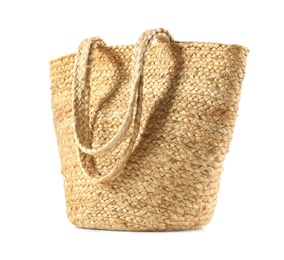 Stylish straw bag isolated on white. Summer accessory