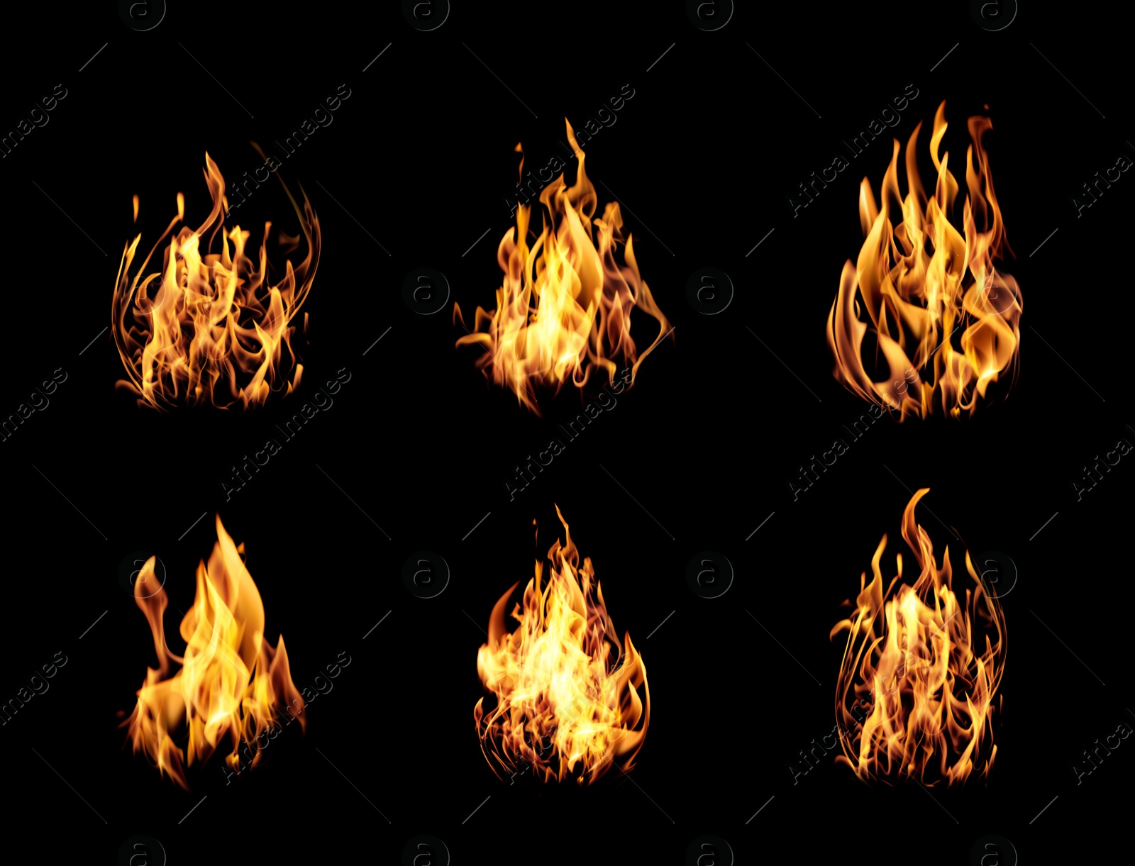 Image of Collection of bright fire flames on black background