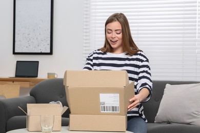 Emotional woman unpacking parcel at home. Online store