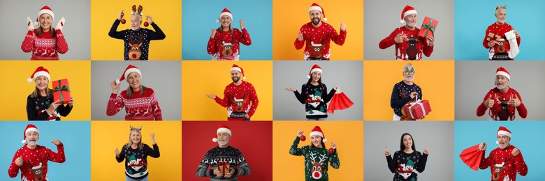 Image of People in Christmas sweaters on color backgrounds, set of photos