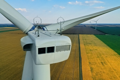 Image of Modern wind turbine, closeup. Alternative energy source