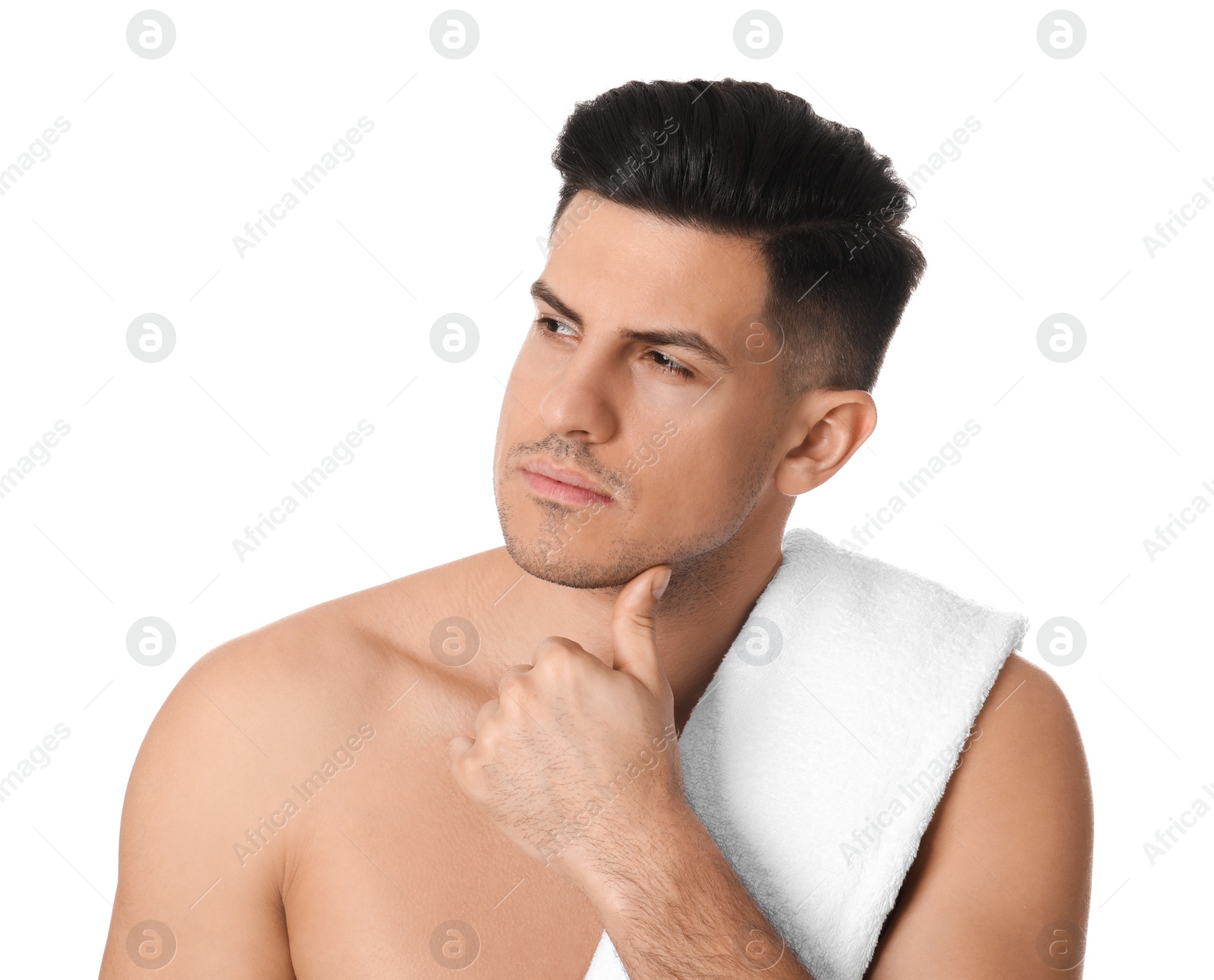 Photo of Handsome man with stubble before shaving on white background