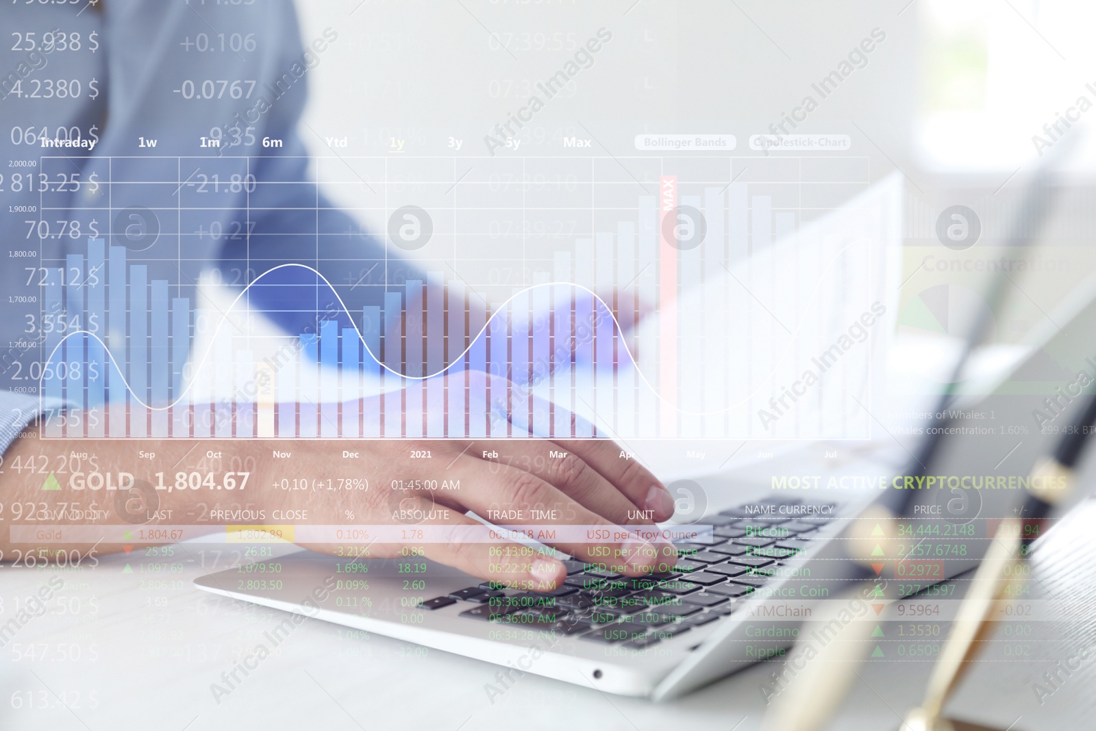 Image of Stock exchange. Man using laptop at table and illustration of rating graph