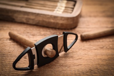 Photo of Cigars with guillotine cutter on wooden table