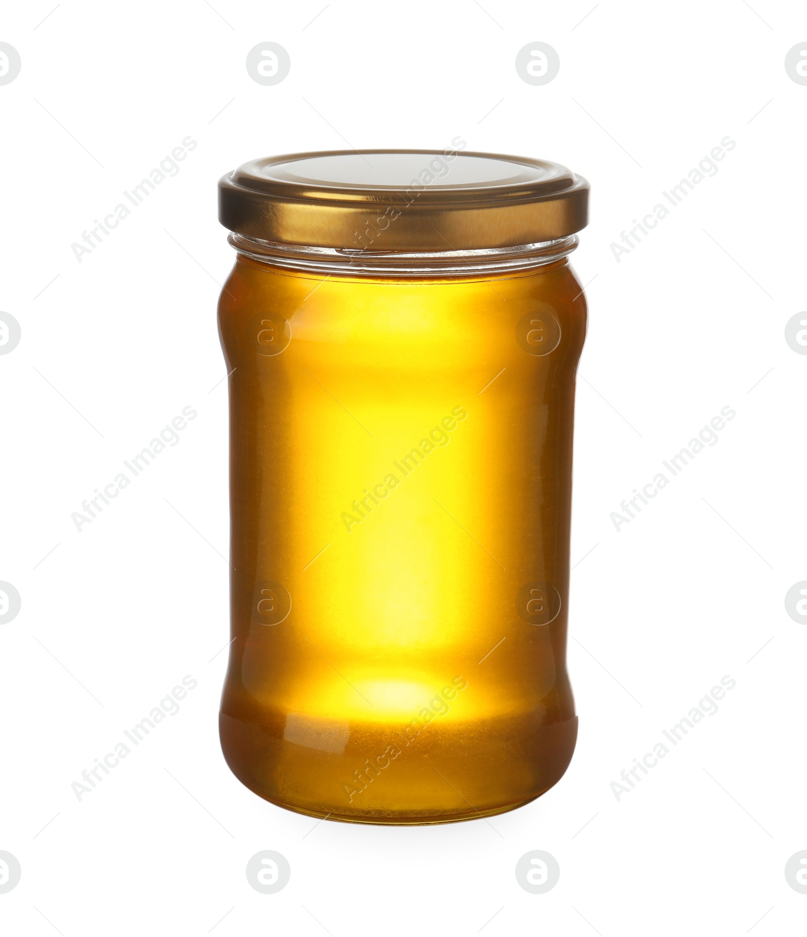 Photo of Jar with organic honey isolated on white