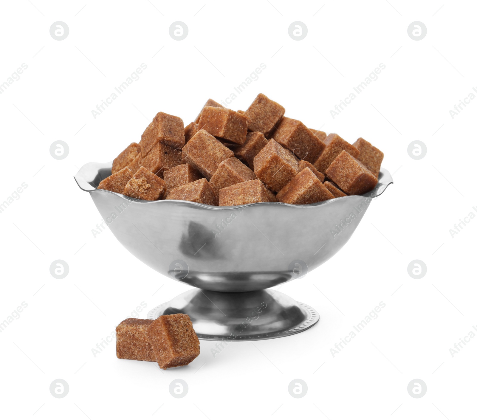 Photo of Metal bowl with brown sugar cubes isolated on white