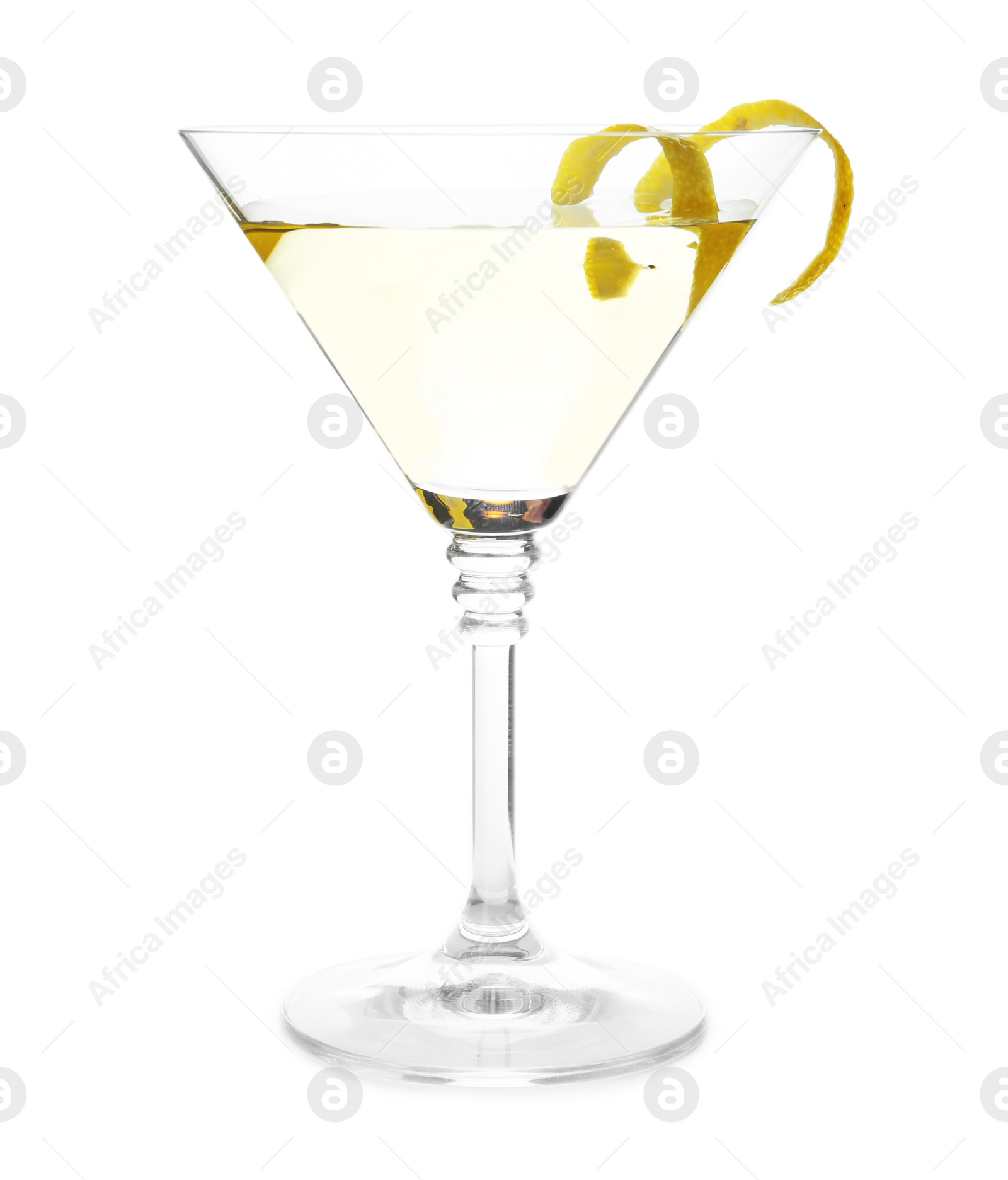 Photo of Glass of lemon drop martini cocktail  with zest on white background