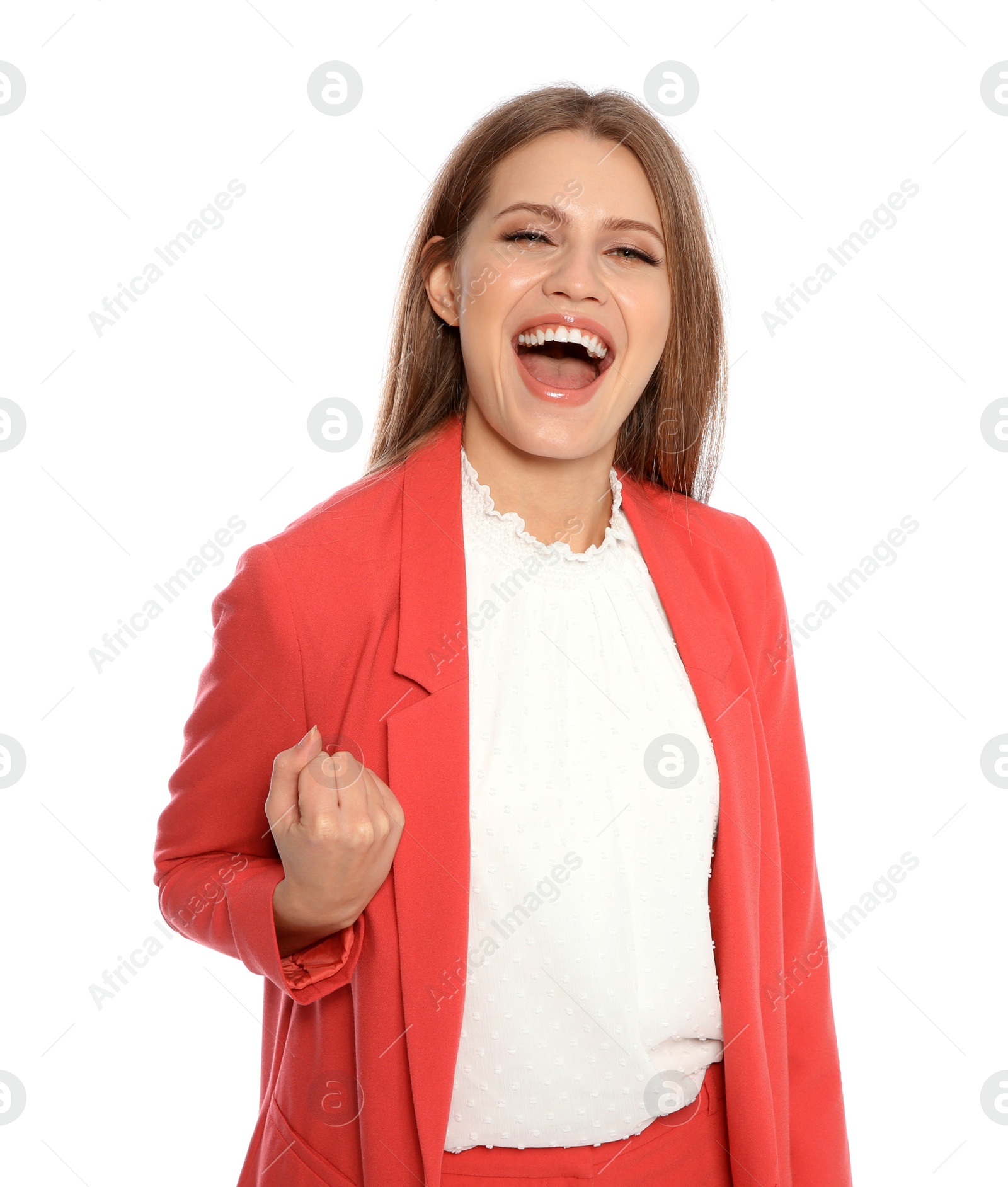 Photo of Young businesswoman celebrating victory on white background