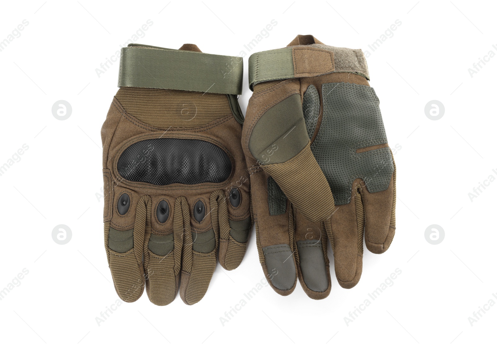 Photo of Tactical gloves on white background, top view. Military training equipment