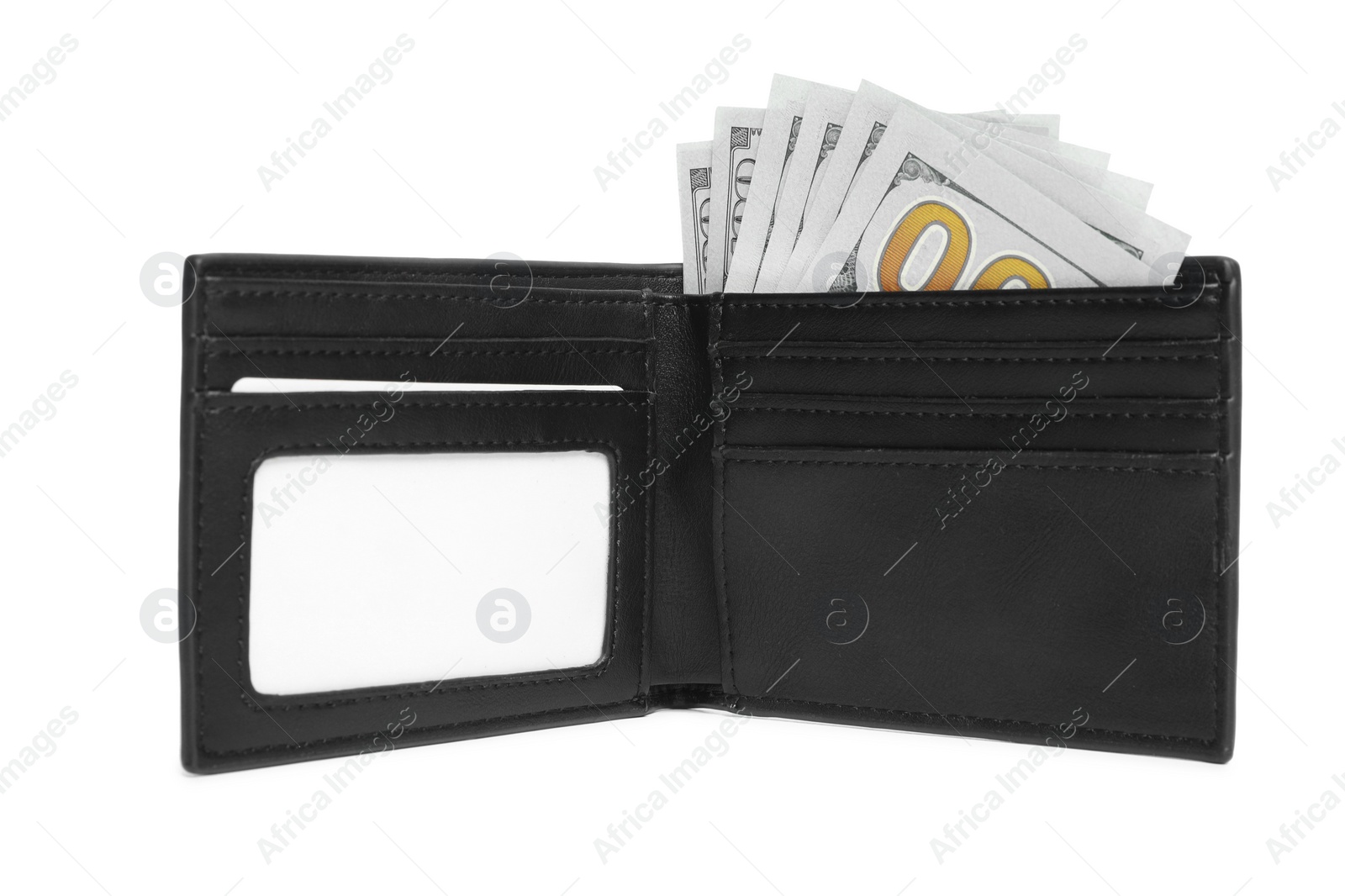 Photo of Stylish black leather wallet with money isolated on white