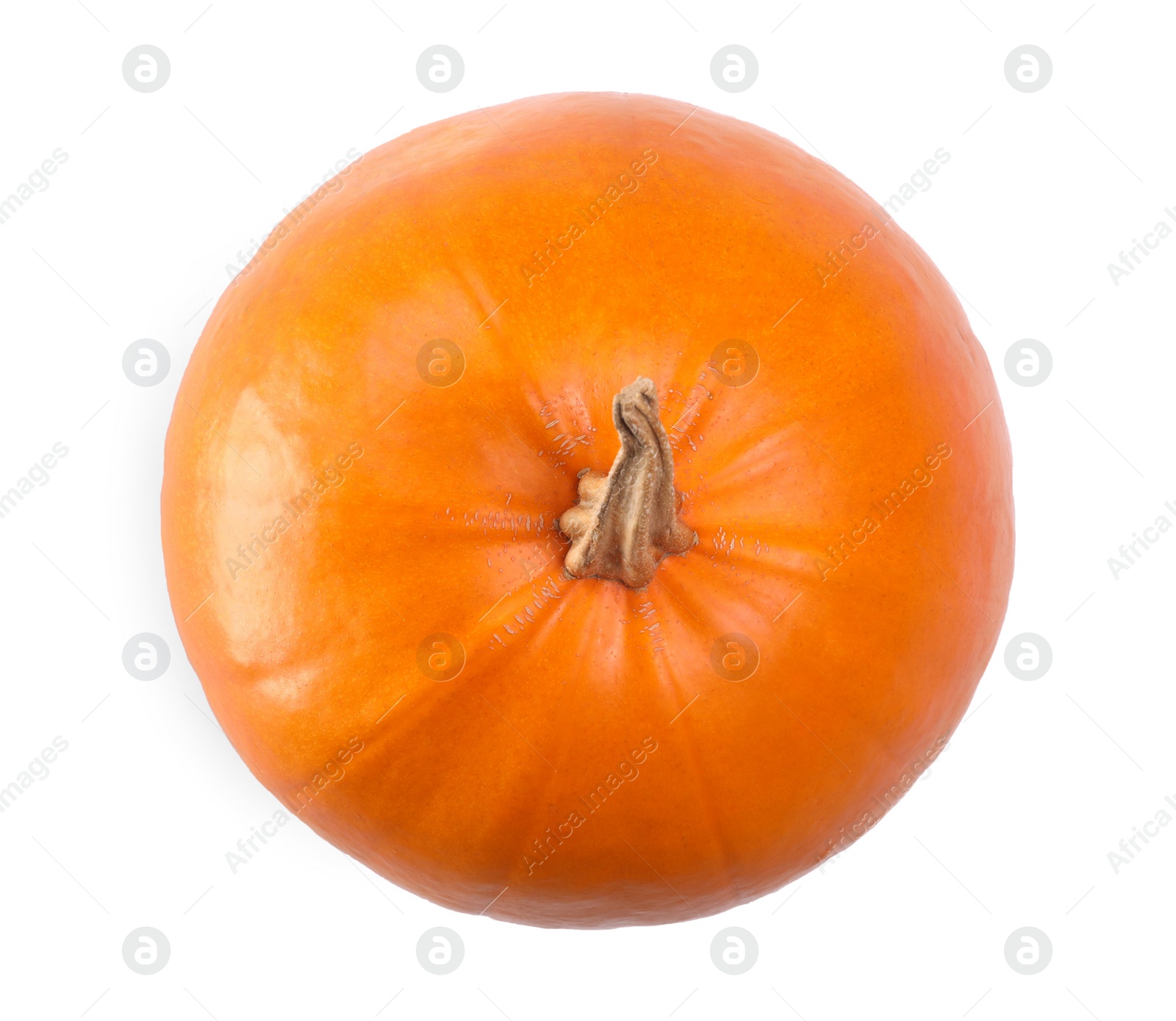 Photo of One fresh orange pumpkin isolated on white, top view