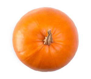 Photo of One fresh orange pumpkin isolated on white, top view