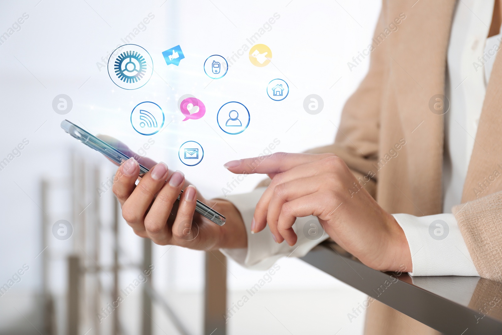 Image of Young woman using modern smartphone indoors, closeup. Social media marketing