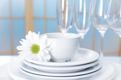 Set of clean dishware and flower on table, closeup