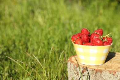 Photo of Bowl of ripe strawberries on tree stump outdoors. Space for text