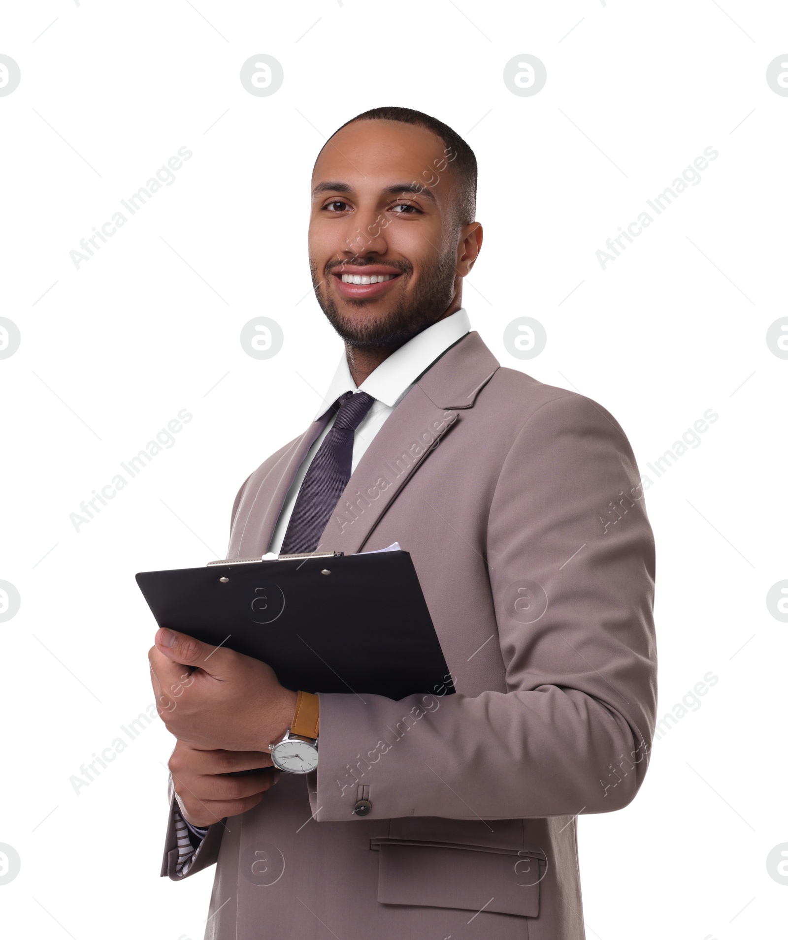 Photo of Portrait of happy man with clipboard on white background. Lawyer, businessman, accountant or manager