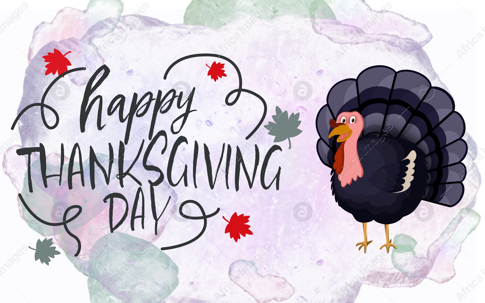 Illustration of Thanksgiving day card design. Text, autumn leaves and turkey on color background, illustration