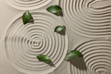 Photo of Beautiful spirals and leaves on sand, top view. Zen garden