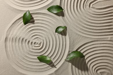 Beautiful spirals and leaves on sand, top view. Zen garden