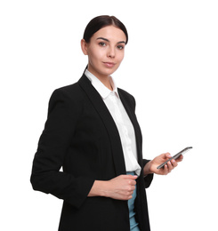 Photo of Young businesswoman with mobile phone on white background