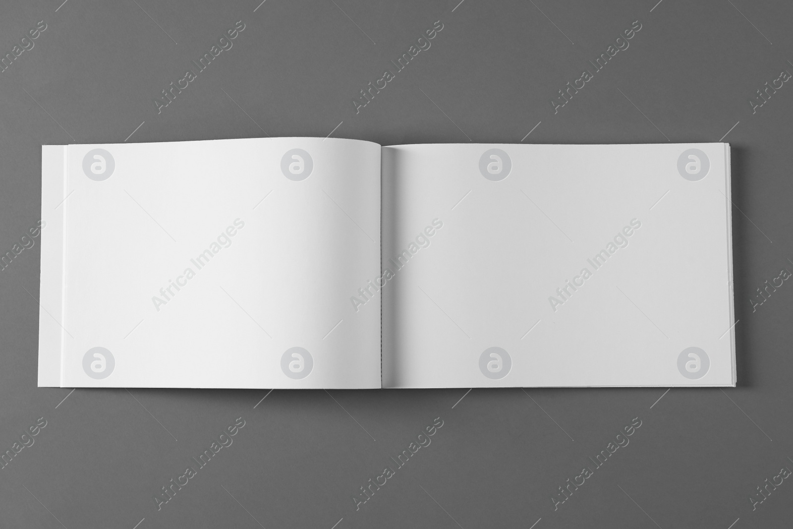 Photo of Open blank brochure on light grey background, top view