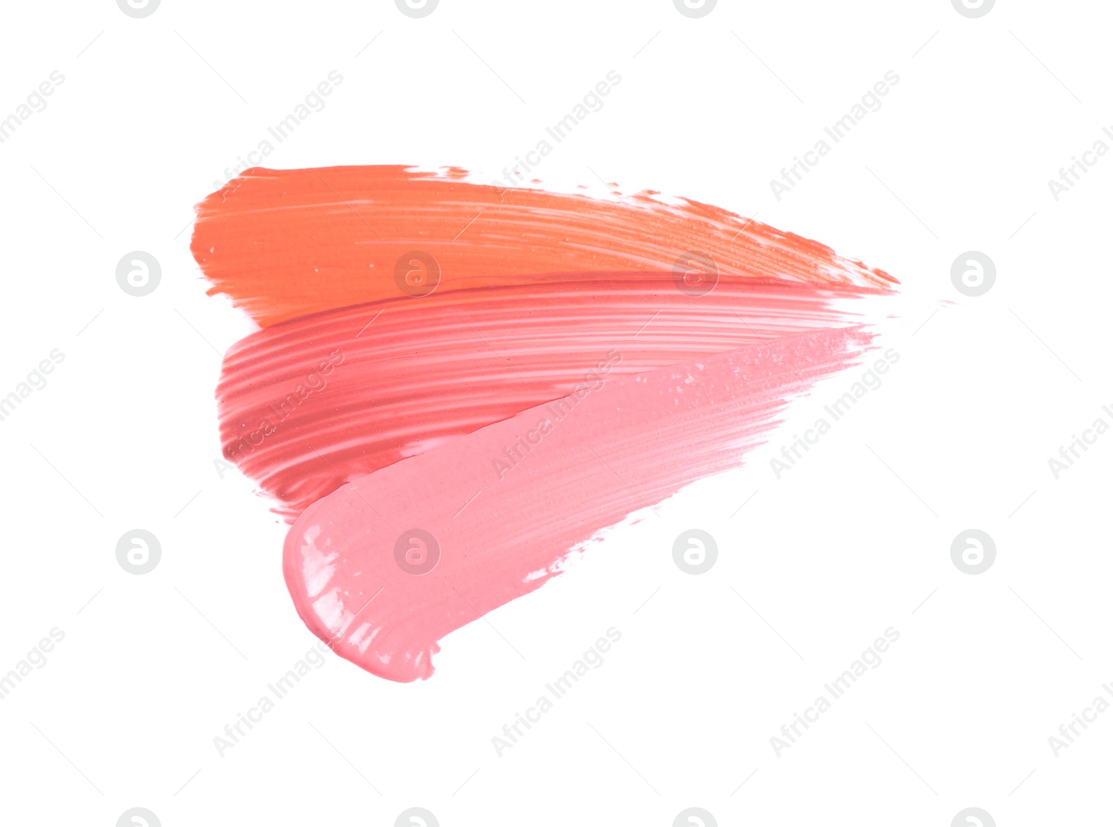 Photo of Strokes of different lip glosses isolated on white, top view