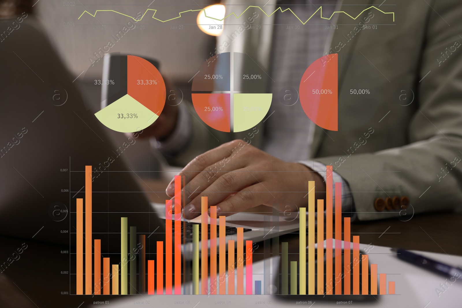 Image of Finance trading concept. Man working with laptop in office and charts, closeup