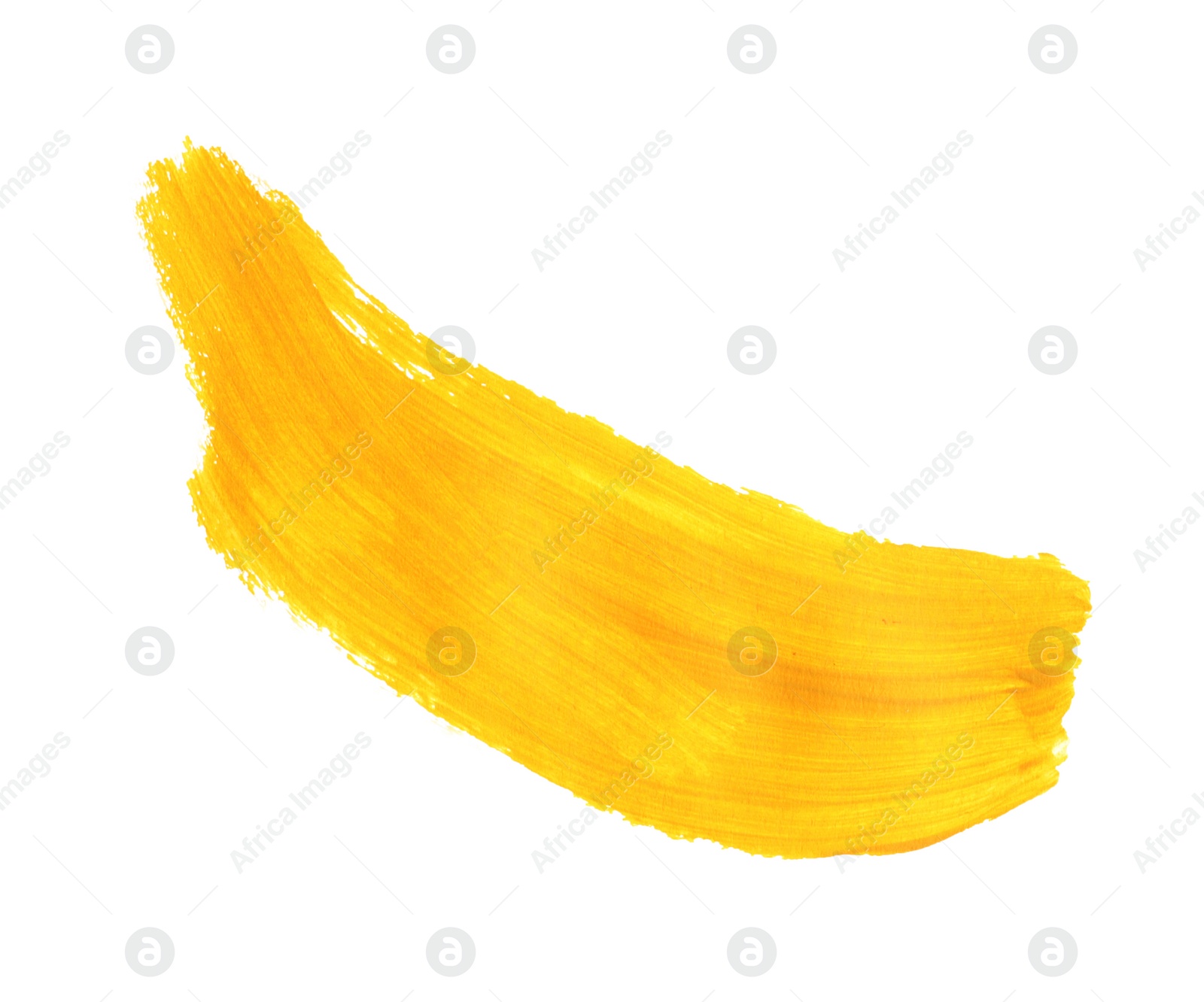 Photo of Yellow paint stroke drawn with brush on white background, top view