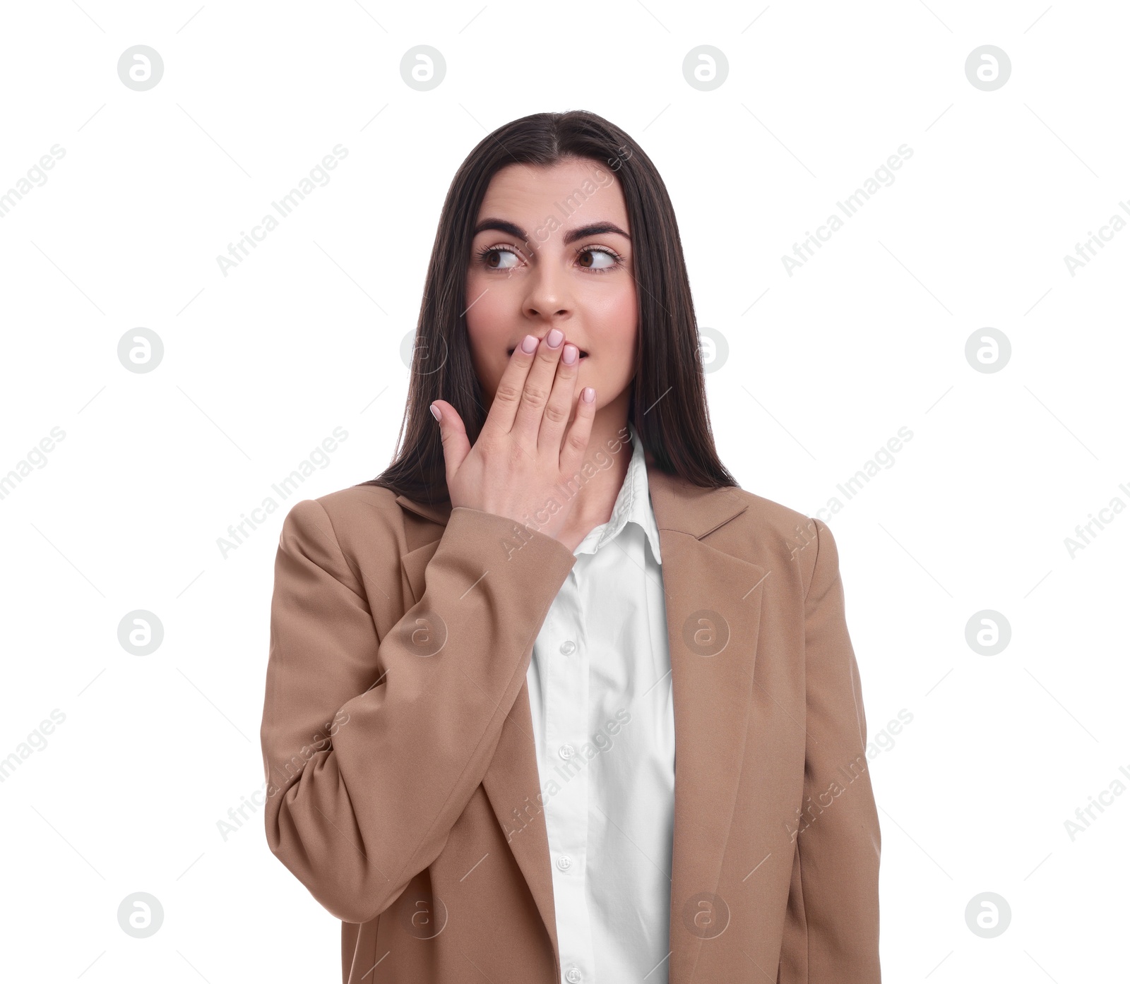 Photo of Beautiful emotional business woman on white background