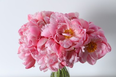 Photo of Beautiful bouquet of pink peonies in vase against white background, closeup