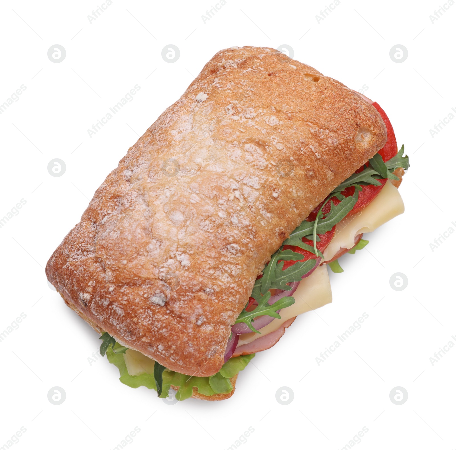 Photo of Delicious sandwich with fresh vegetables and cheese isolated on white, top view