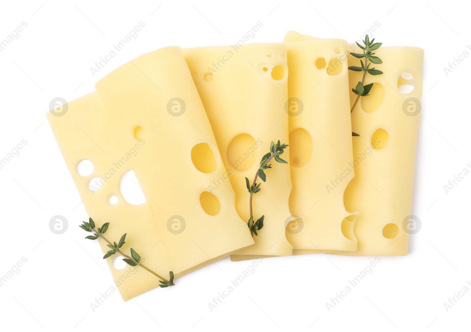 Photo of Slices of tasty fresh cheese and thyme isolated on white, top view