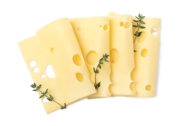 Slices of tasty fresh cheese and thyme isolated on white, top view
