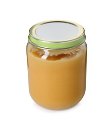 Baby food. Tasty healthy puree in jar isolated on white