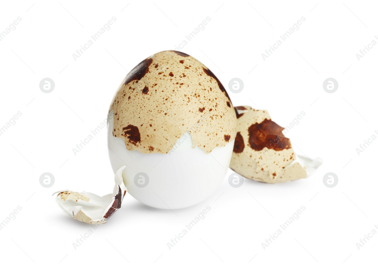 Photo of Boiled quail egg and pieces of shell isolated on white